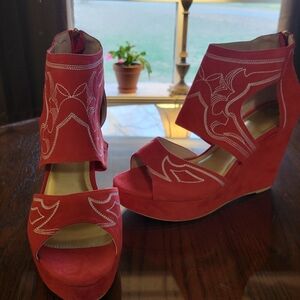 June Ambrose Embroifered Red Wedge Sandals NWOT